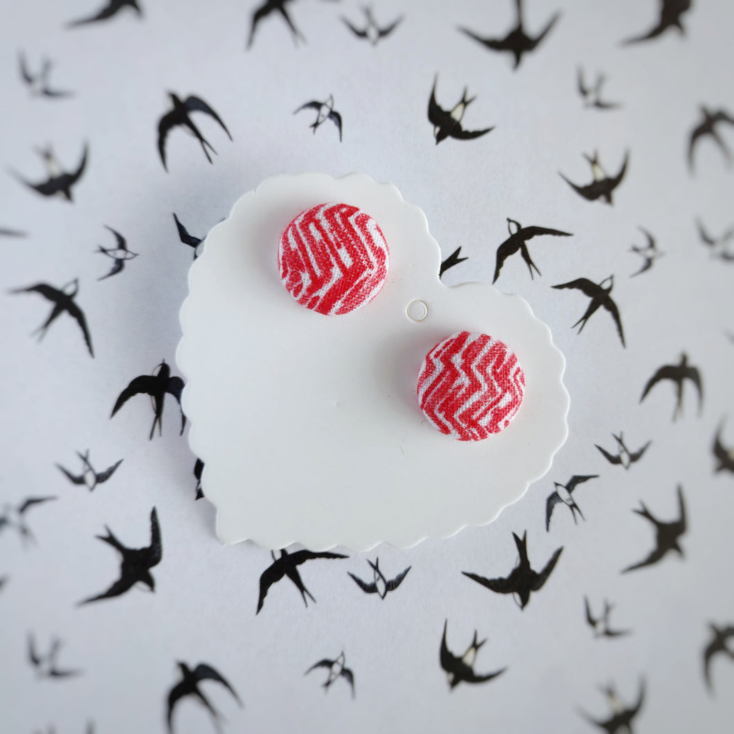 Red and White, Zig Zag, Fabric Button, Stud Earrings, Small pair