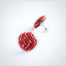 Red and White, Zig Zag, Fabric Button, Stud Earrings, Butterfly safety backs