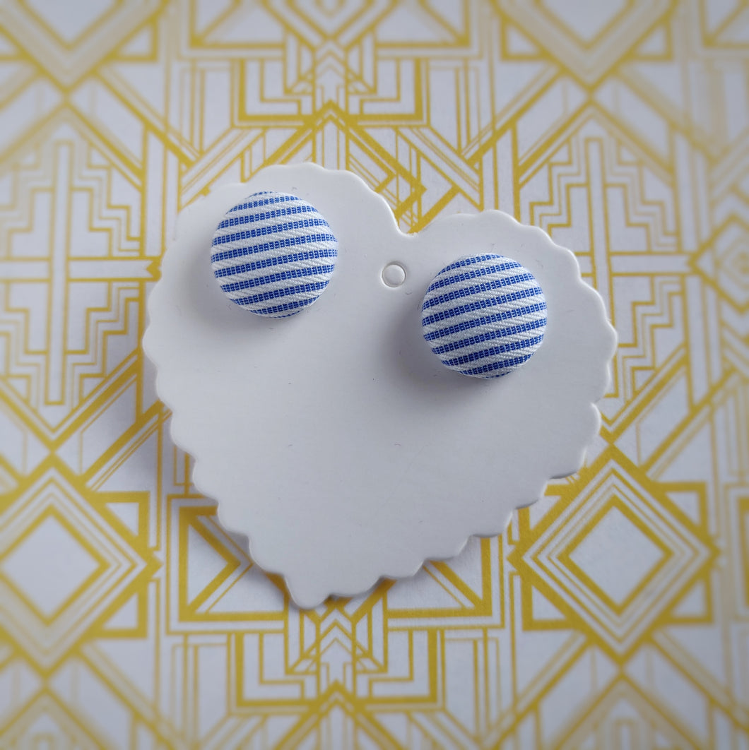Light-blue and white, Striped, Fabric Button, Stud Earrings, Small pair