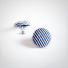 Light-blue and white, Striped, Fabric Button, Stud Earrings, Butterfly safety backs