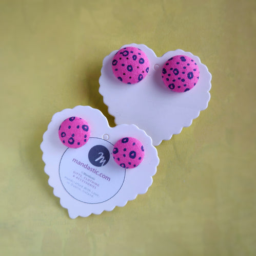 Black on Hot-pink, Polka-dots, Fabric Button, Stud Earrings, 2 pairs