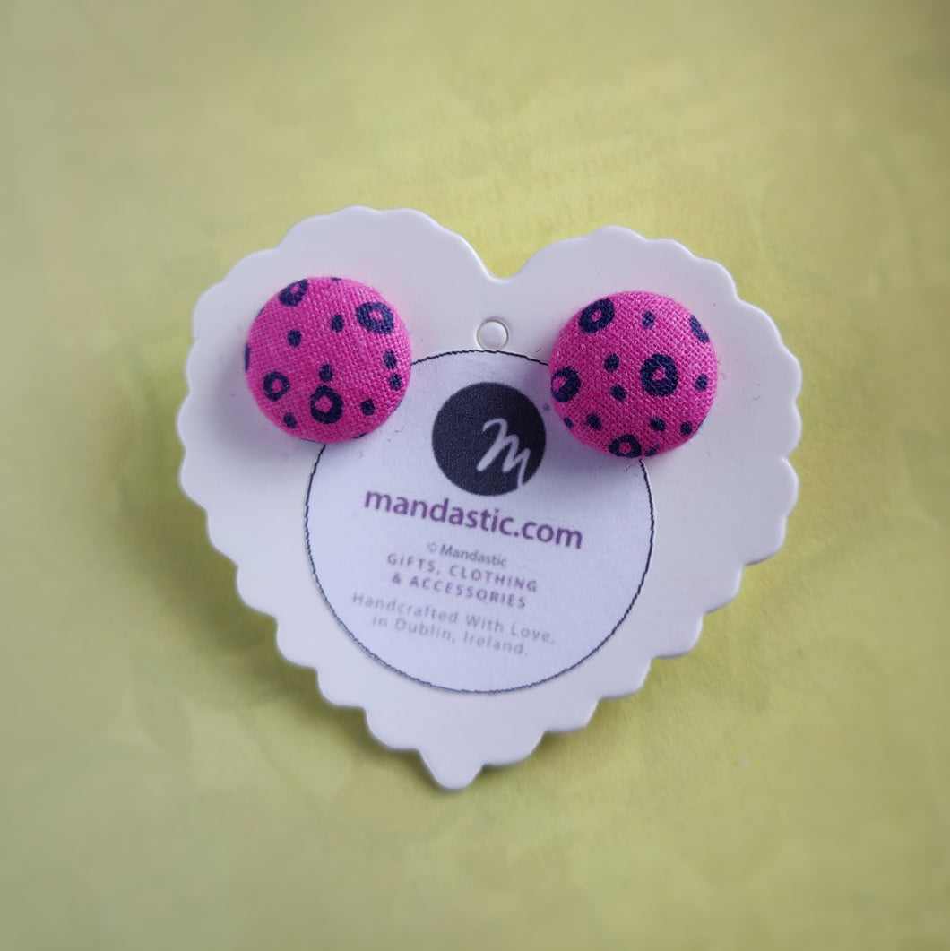 Black on Hot-pink, Polka-dots, Fabric Button, Stud Earrings, Small pair