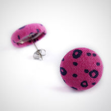 Black on Hot-pink, Polka-dots, Fabric Button, Stud Earrings, Butterfly safety backs
