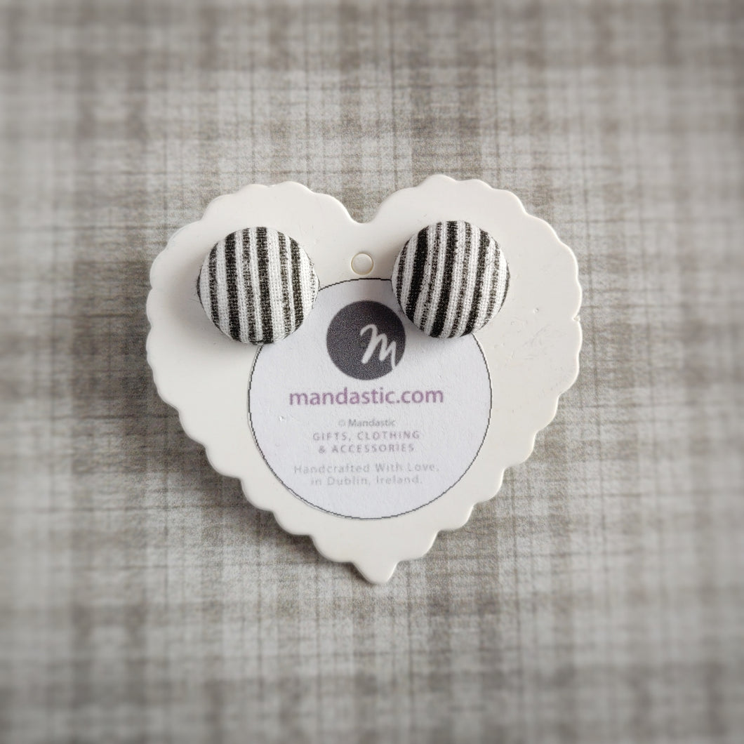 Black and White, Stripes, Fabric Button, Stud Earrings