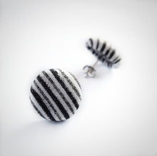Black and White, Stripes, Fabric Button, Stud Earrings, Butterfly safety backs