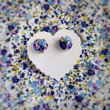 Blue, Floral, Fabric Button, Stud Earrings, Small pair