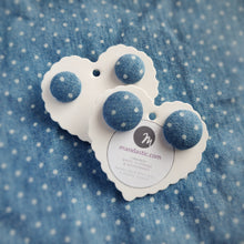 White on Blue, Polka-dots, Fabric Button, Stud Earrings, 2 pairs, Denim-blue