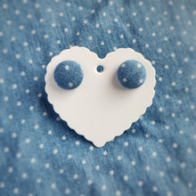 White on Blue, Polka-dots, Fabric Button, Stud Earrings, Small pair, Denim-blue