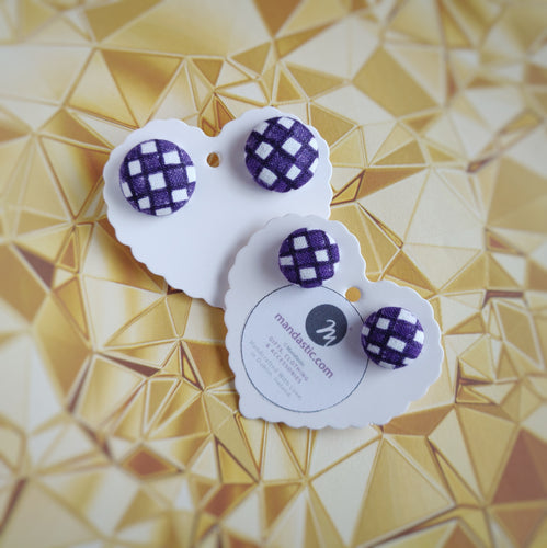 Purple and White, Plaid, Gingham check, Fabric Button, Stud Earrings, 2 pairs