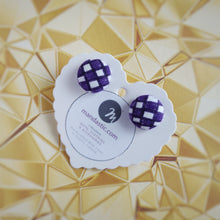 Purple and White, Plaid, Gingham check, Fabric Button, Stud Earrings, Small pair