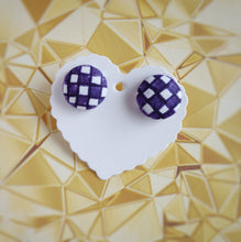 Purple and White, Plaid, Gingham check, Fabric Button, Stud Earrings, Large pair