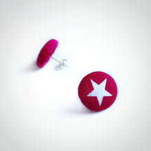 Stars, Fabric Button, Stud Earrings, Butterfly safety backs, Hot-pink