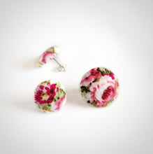 Hot-pink, Floral, Fabric Button, Stud Earrings, Butterfly safety backs