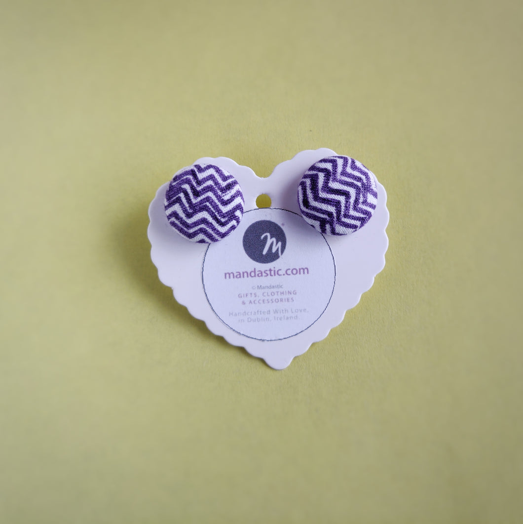 Purple and White, Zig Zag, Fabric Button, Stud Earrings, Large pair