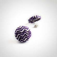 Purple and White, Zig Zag, Fabric Button, Stud Earrings, Butterfly safety backs