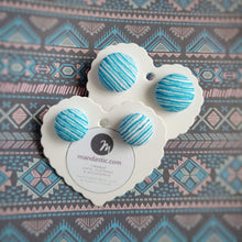 Turquoise and White, Stripes, Fabric Button, Stud Earrings, 2 pairs