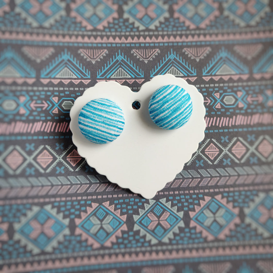 Turquoise and White, Stripes, Fabric Button, Stud Earrings, Large pair