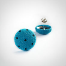 Black on Turquoise, Polka-dots, Fabric Button, Stud Earrings, Butterfly safety backs