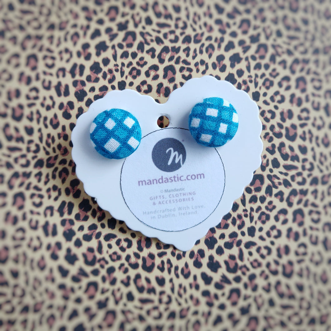 Turquoise-blue and White, Plaid, Gingham check, Fabric Button, Stud Earrings, Small pair