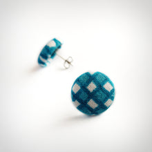 Turquoise-blue and White, Plaid, Gingham check, Fabric Button, Stud Earrings, Butterfly safety backs