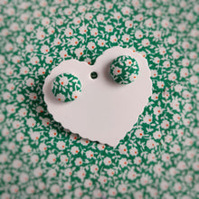 Green, Floral, Fabric Button, Stud Earrings, Small pair