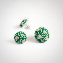 Green, Floral, Fabric Button, Stud Earrings, Butterfly safety backs