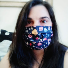 Eco-friendly face mask, face covering made with sweet pastry themed 100% cotton fabric. Colour: dark blue with pink details