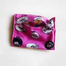 Eco-friendly face mask case, small pocket for mask protection made with sheep themed 100% cotton fabric. Colour: Hot pink with white and black details