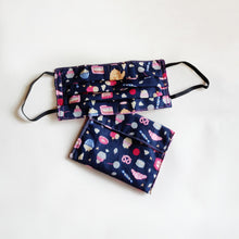 Eco-friendly face mask, face covering made with sweet pastry themed 100% cotton fabric and a matching face mask case. Colour: dark blue with pink details