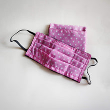 Eco-friendly face mask, face covering made with white on pink polka-dot 100% cotton fabric and a matching face mask case
