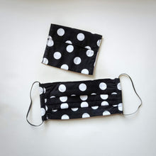 Eco-friendly face mask, face covering made with white on black big polka-dot 100% cotton fabric and a matching face mask case