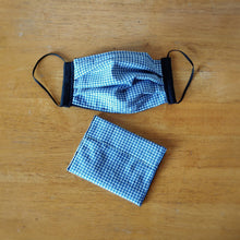 Eco-friendly face mask, face covering made with white and blue gingham 100% cotton fabric and a matching face mask case