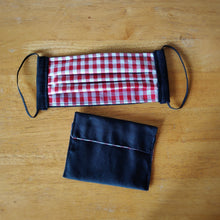 Eco-friendly face mask, face covering made with white and red gingham 100% cotton fabric and a black  face mask case