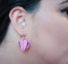 Pink felt and purple glitter heart shaped dangle earring