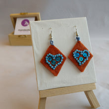 Ginger felt, cyan beads and sequins Geometric heart design Dangle Earrings