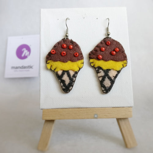 Brown, yellow, ivory Felt and red Beads Ice-cream cone Dangle Earrings