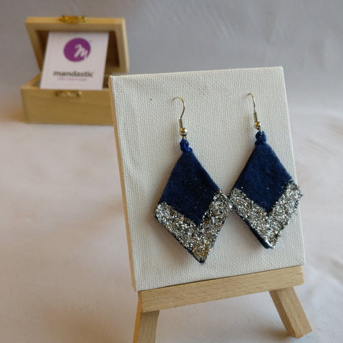 Dark blue felt and silver glitter Geometric Dangle Earrings